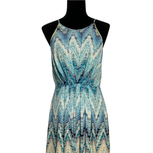 Kenji 6 Maxi Dress Watercolor Chevron Blue Ivory Multicolor Embrioider Trim Cute - Picture 2 of 9